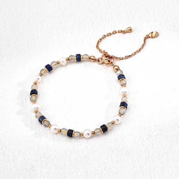 ✨ Artisan Original Design Labradorite, Lapis & Pearl Beaded Bracelet | S925 - Picture 3 of 5